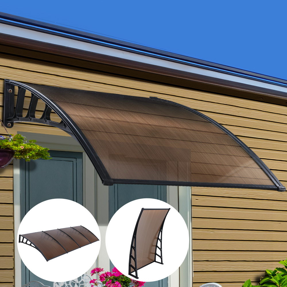 AWN-15X4-BR-20227-07 Instahut Window Door Awning Canopy 1.5mx4m Brown Sheet Black Plastic Frame - Image 1