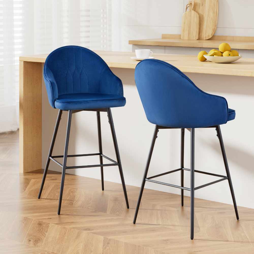 BA-K-9969-BLX2-52852-07 Artiss 2x Bar Stools Velvet Swivel Metal Legs Blue - Image 1