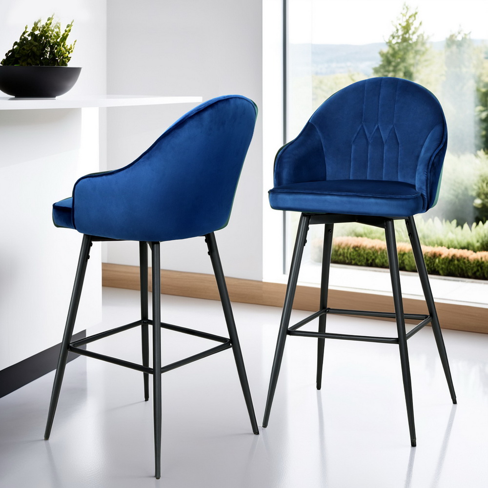 BA-K-9969-BLX4-206870-06 Artiss 4x Bar Stools Velvet Swivel Metal Legs Blue - Image 1