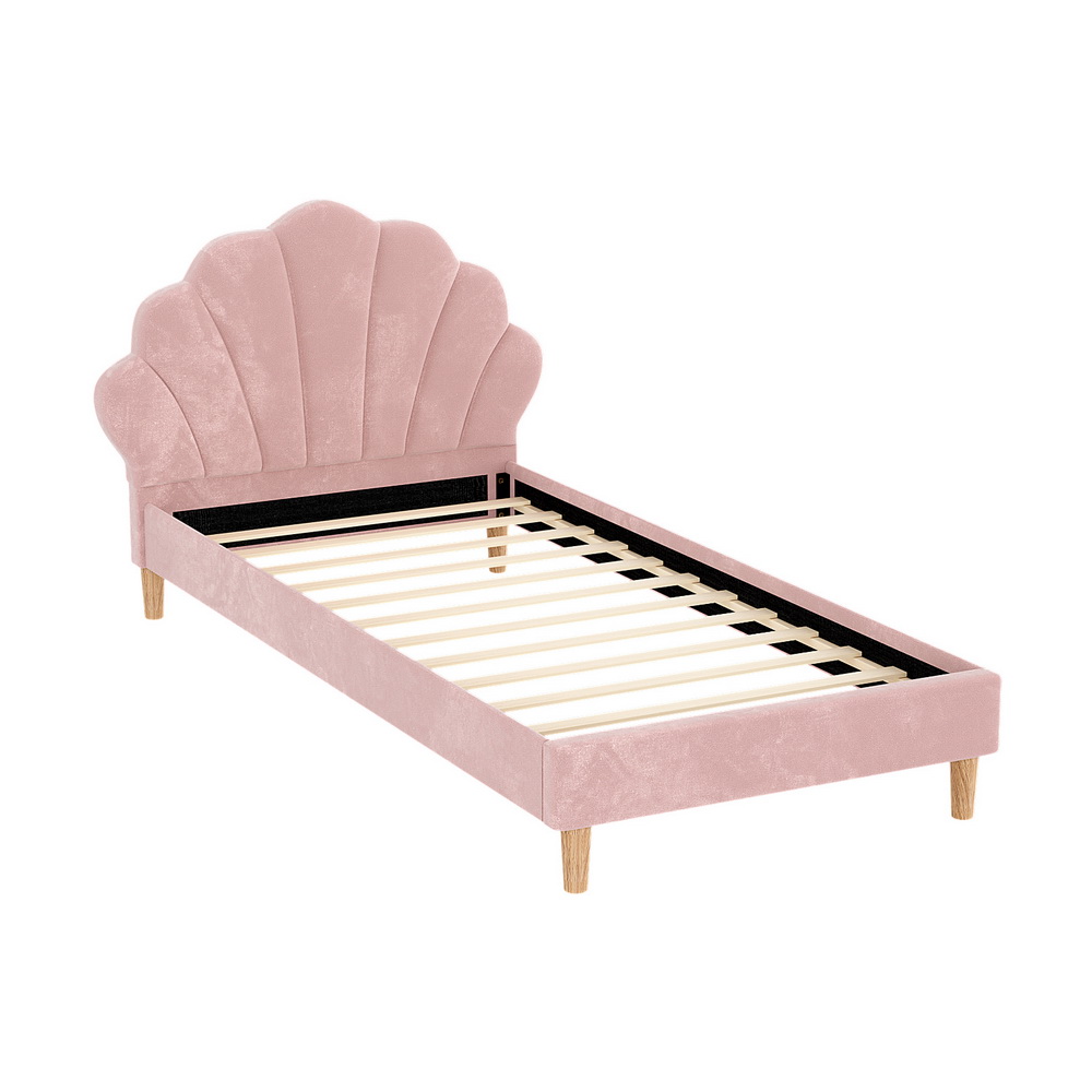 BFRAME-G-ROSY-KS-PK-AB-202505011200-00 Artiss Bed Frame King Single Size Scallop-Shape Bedhead Beds Base Pink Velvet Fabric - Image 1