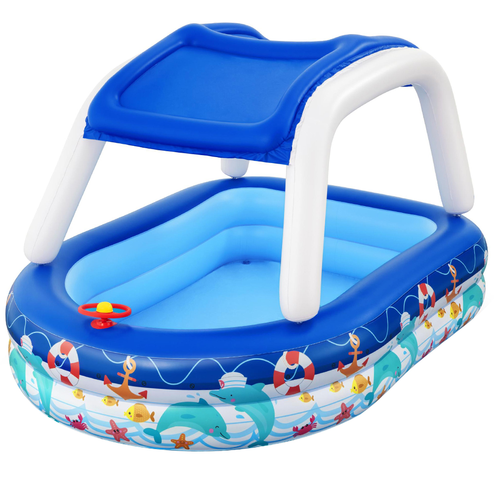 BW-POOL-KID-54370-00 Bestway Kids Pool 213x155x132cm Inflatable Swimming w/ Canopy Play Pools 282L - Image 1