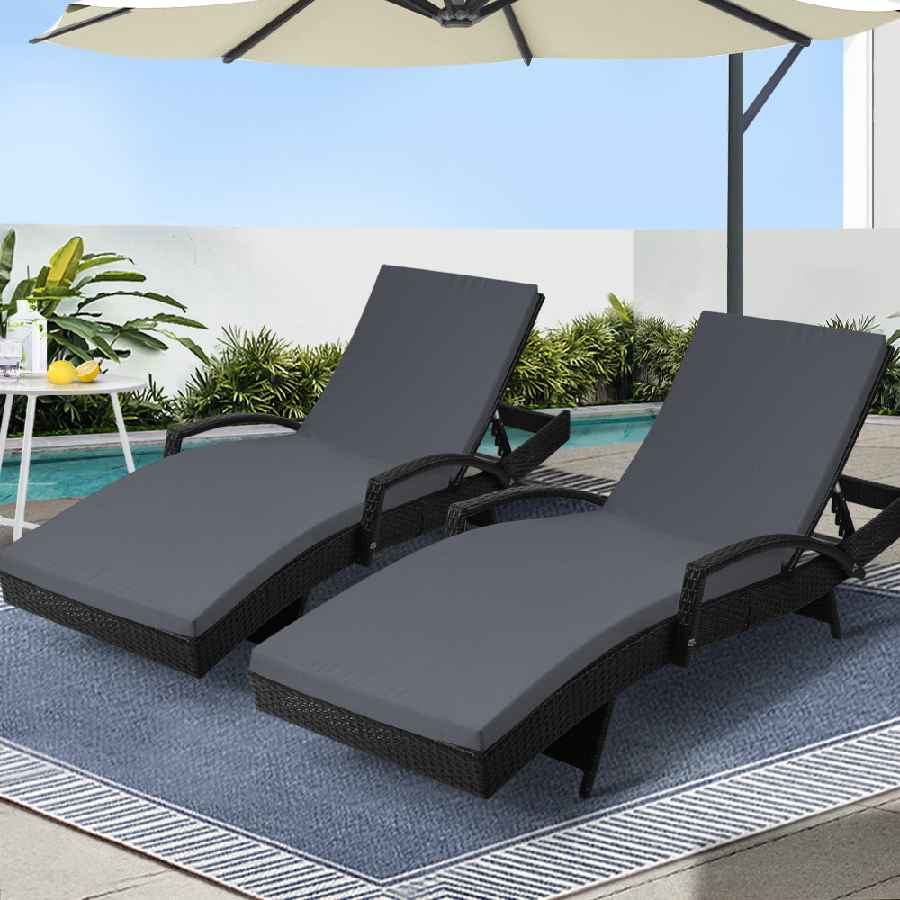 FF-LOUNGE-ARM-BKX2-202502281638-00 Gardeon 2PC Sun Lounge Wicker Lounger Outdoor Furniture Beach Chair Patio Adjustable Cushion Black - Image 1