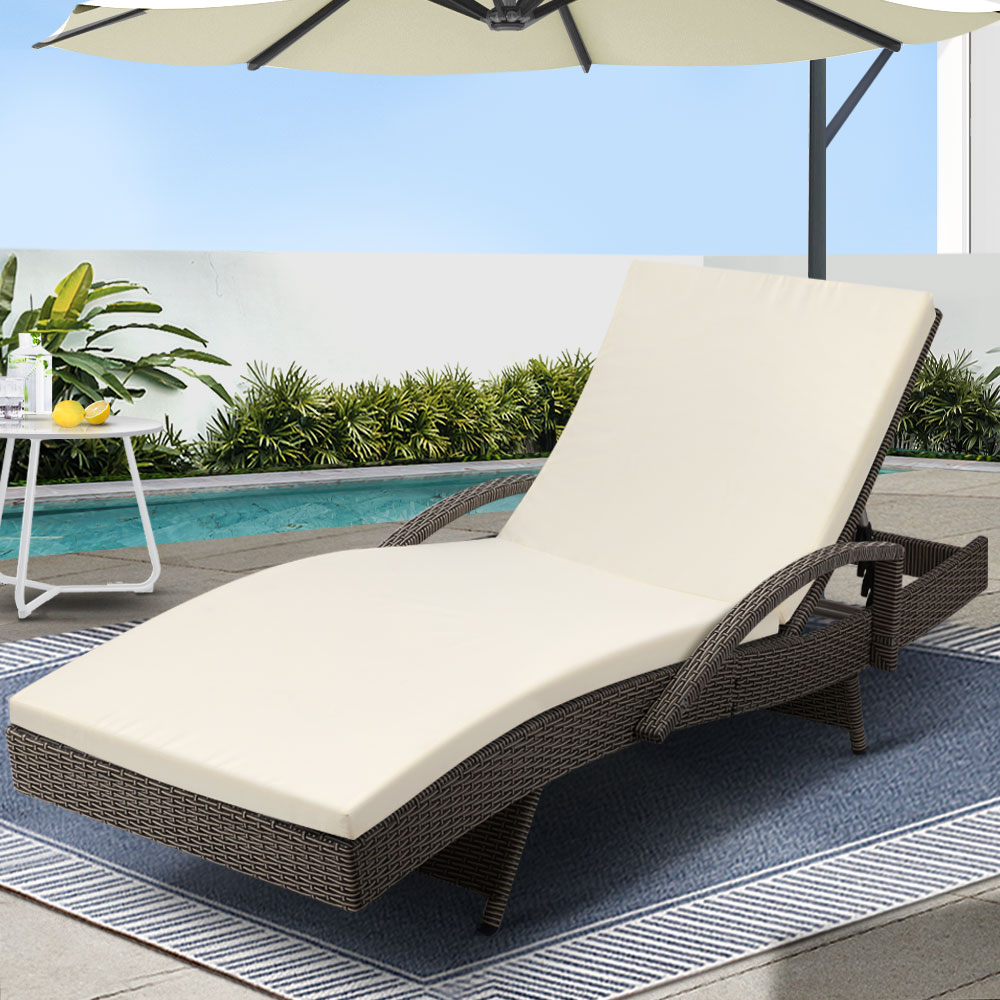 FF-LOUNGE-ARM-GE-202502281638-00 Gardeon Sun Lounge Wicker Lounger Outdoor Furniture Beach Chair Patio Adjustable Cushion Grey&Beige - Image 1