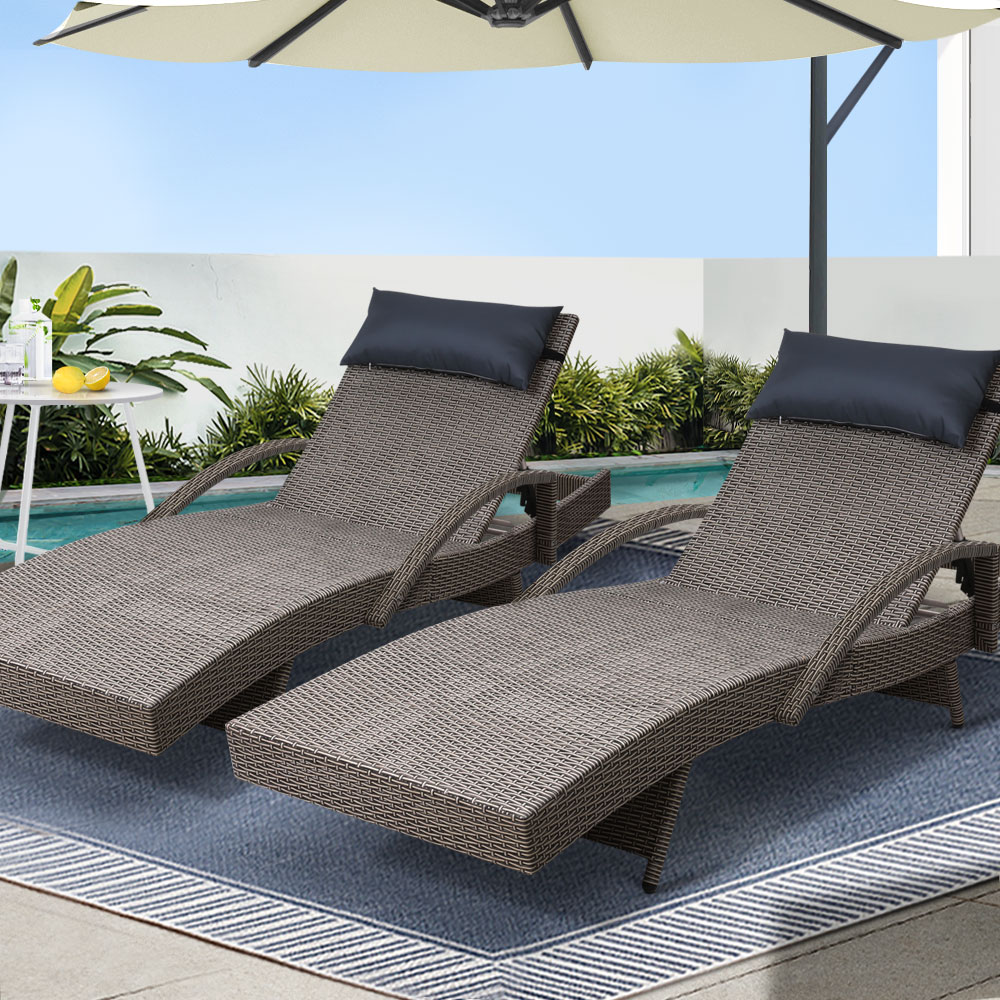 FF-LOUNGE-ARM-P-GEX2-16317-07 Gardeon 2x Sun Lounge Wicker Lounger Outdoor Furniture Beach Armchair Adjustable Grey&Beige - Image 1