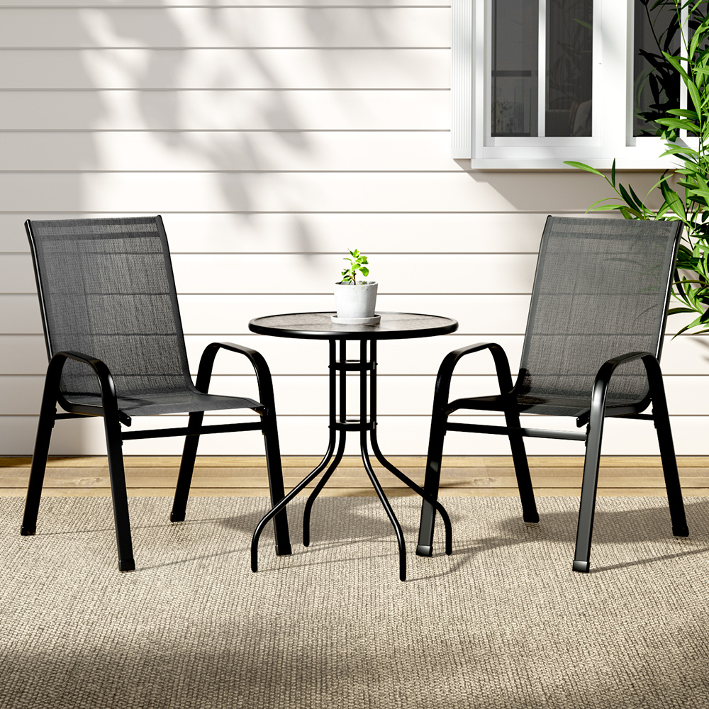 FF-STA-AL80-BK-45679-06 Gardeon 3PC Outdoor Bistro Set Table and Chairs Stackable Patio Furniture Black - Image 1