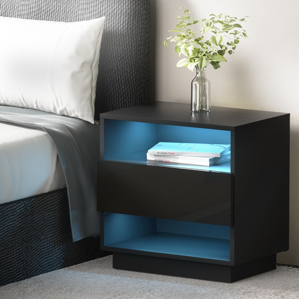 FUR-R-BS-LED-01-BK-39591-06 Artiss Bedside Table LED with 2 Shelves - HANA Black - Image 1