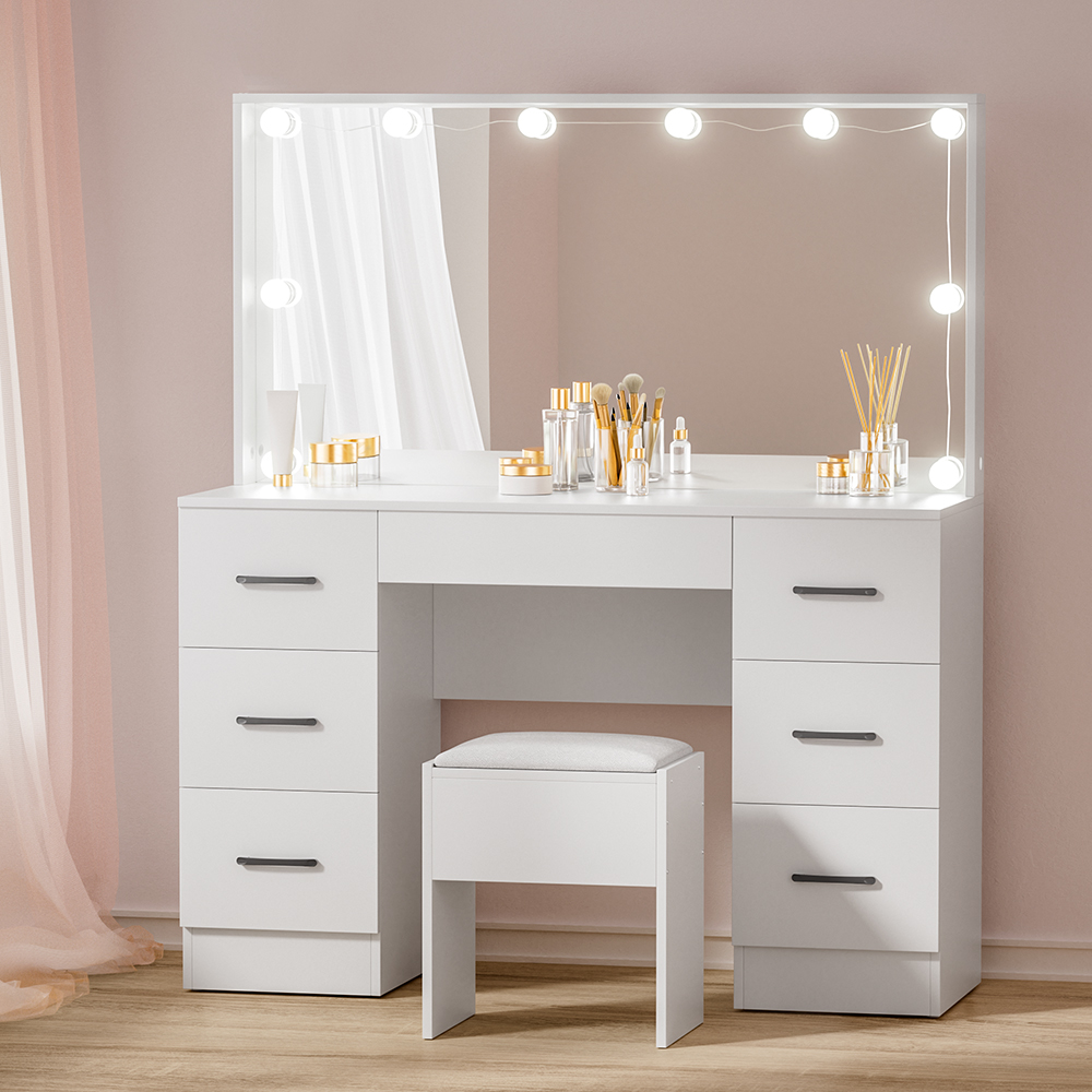 FUR-T-DRESS07-LED-WH-ABC-159080-06 Artiss Dressing Table Set Stool 10 Led Bulbs White Debbie - Image 1