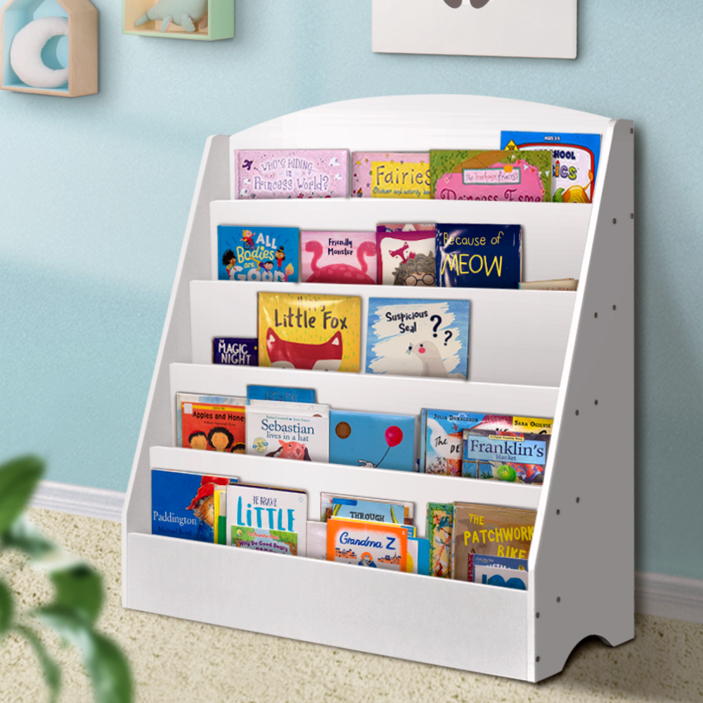 FURNI-E-BOOK-UBER-WH-14888-07 Keezi 5 Tiers Kids Bookshelf Magazine Shelf Organiser Bookcase Display Rack White - Image 1