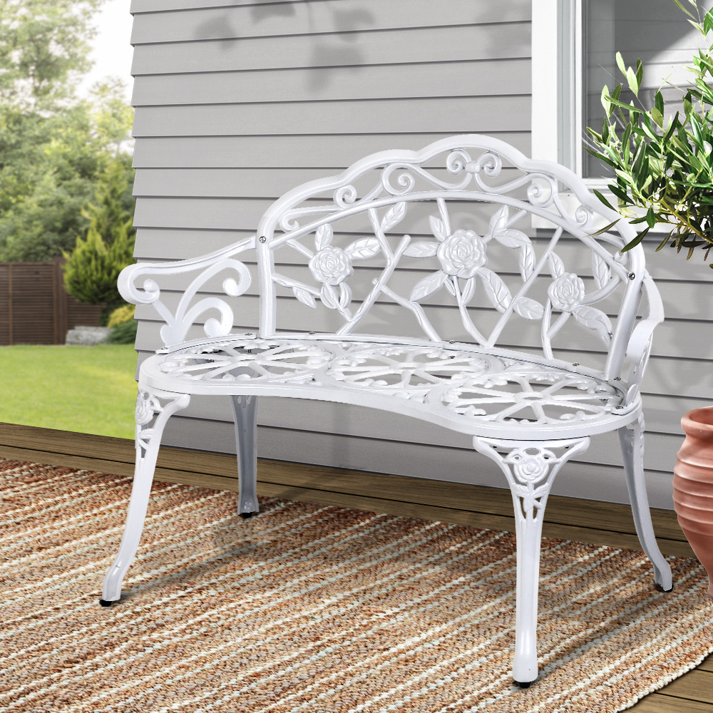 GB-CALU-XG1002-WH-202502281608-00 Gardeon Outdoor Garden Bench Seat 100cm Cast Aluminium Outdoor Patio Chair Vintage White - Image 1