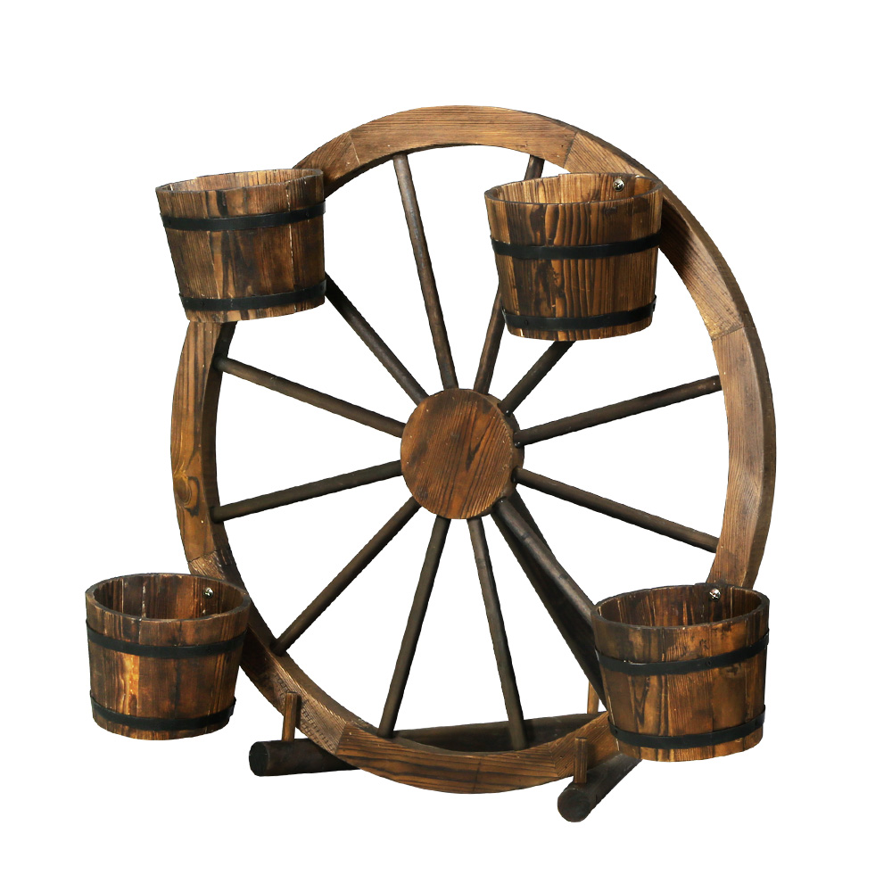 GD-WHEEL-SH2264-AB-00 Gardeon Garden Decor Plant Stand Outdoor Ornament Wooden Wagon Wheel 80cm - Image 1