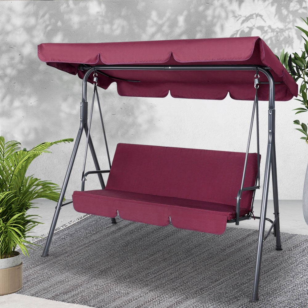 GSC-BST-3S-WR-202502281542-00 Gardeon Outdoor Swing Chair Garden Bench Furniture Canopy 3 Seater Wine Red - Image 1