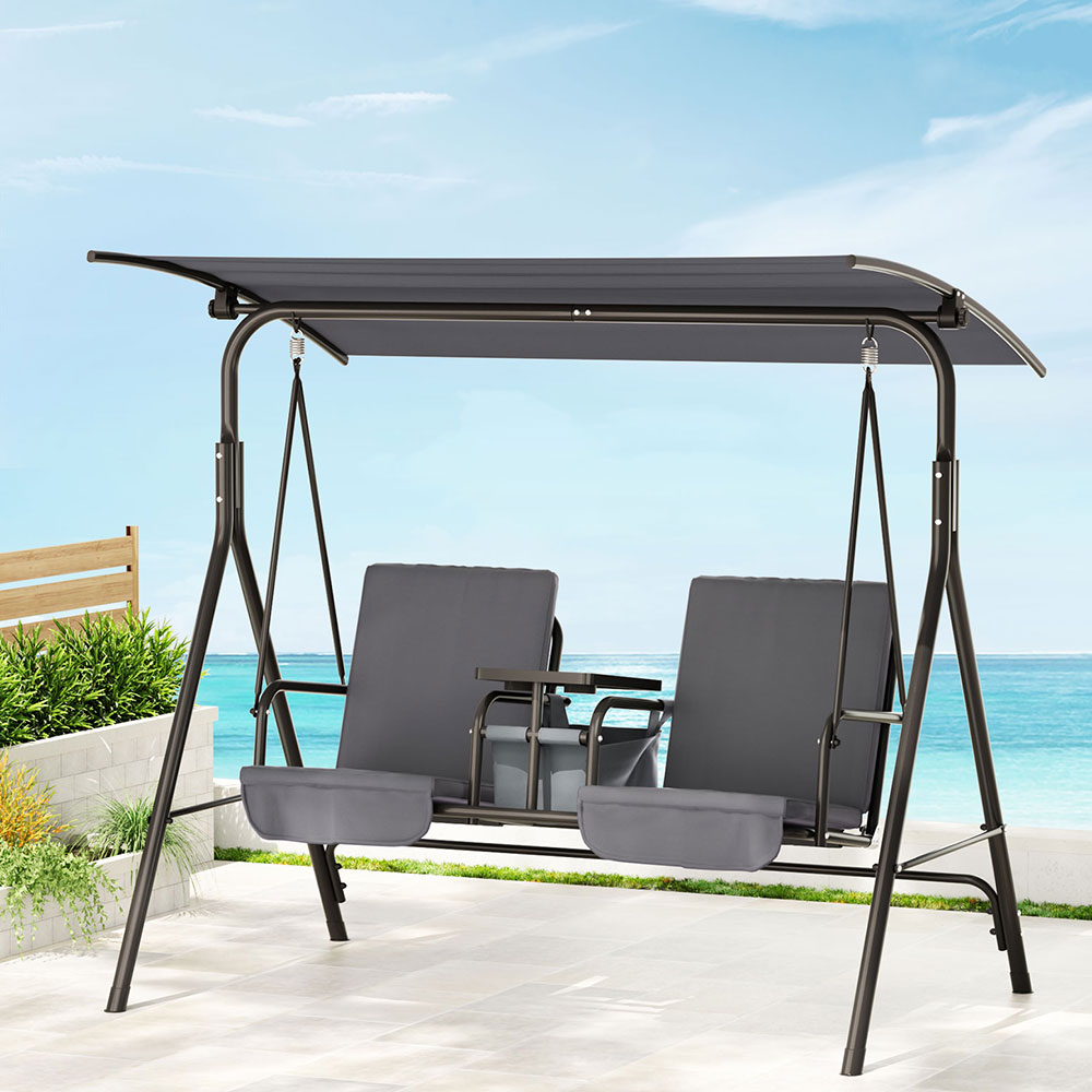 GSC-NFS-2S-CUP-GR-202502281544-00 Gardeon Outdoor Swing Chair Garden Chair Canopy Cup Holder 2 Seater Grey - Image 1