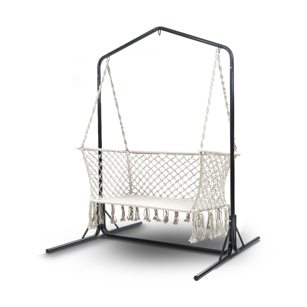 HM-CHAIR-STAND-U-DOU-CREAM-00 Gardeon Hammock Chair with Stand Macrame Outdoor Garden 2 Seater Cream - Image 1