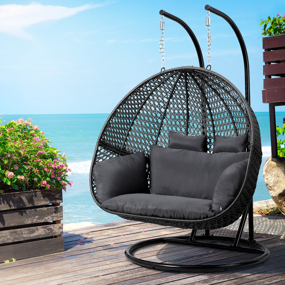 HM-EGG-TAT-D-J-BKGR-AB-202502281546-00 Gardeon Outdoor Egg Swing Chair Wicker Furniture Pod Stand Cushion 2 Seater Grey - Image 1