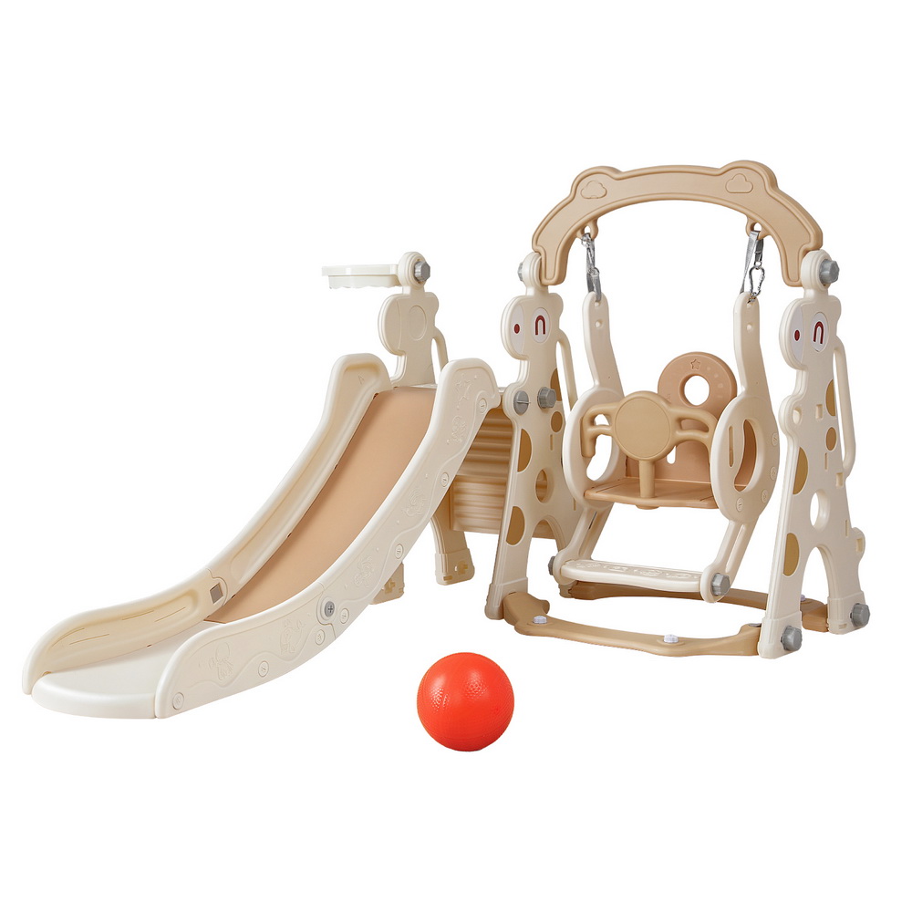 KPS-SLIDE-GIRAFFE-BE-202506101047-00 Keezi Kids Slide Swing Set Basketball Hoop Outdoor Playground Toys 160cm Beige - Image 1