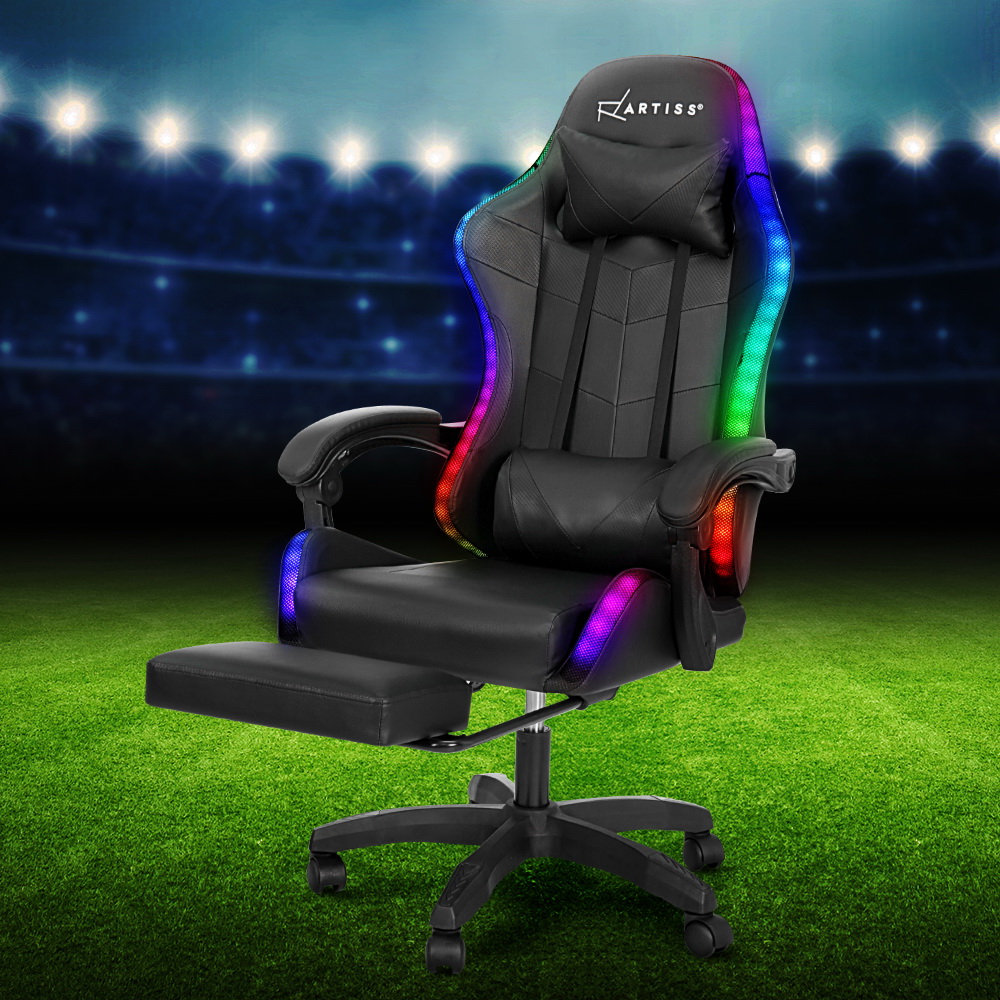 MOC-GC-6P-LED-BK-120208-04 Artiss 6 Point Massage Gaming Office Chair 7 LED Footrest Black - Image 1