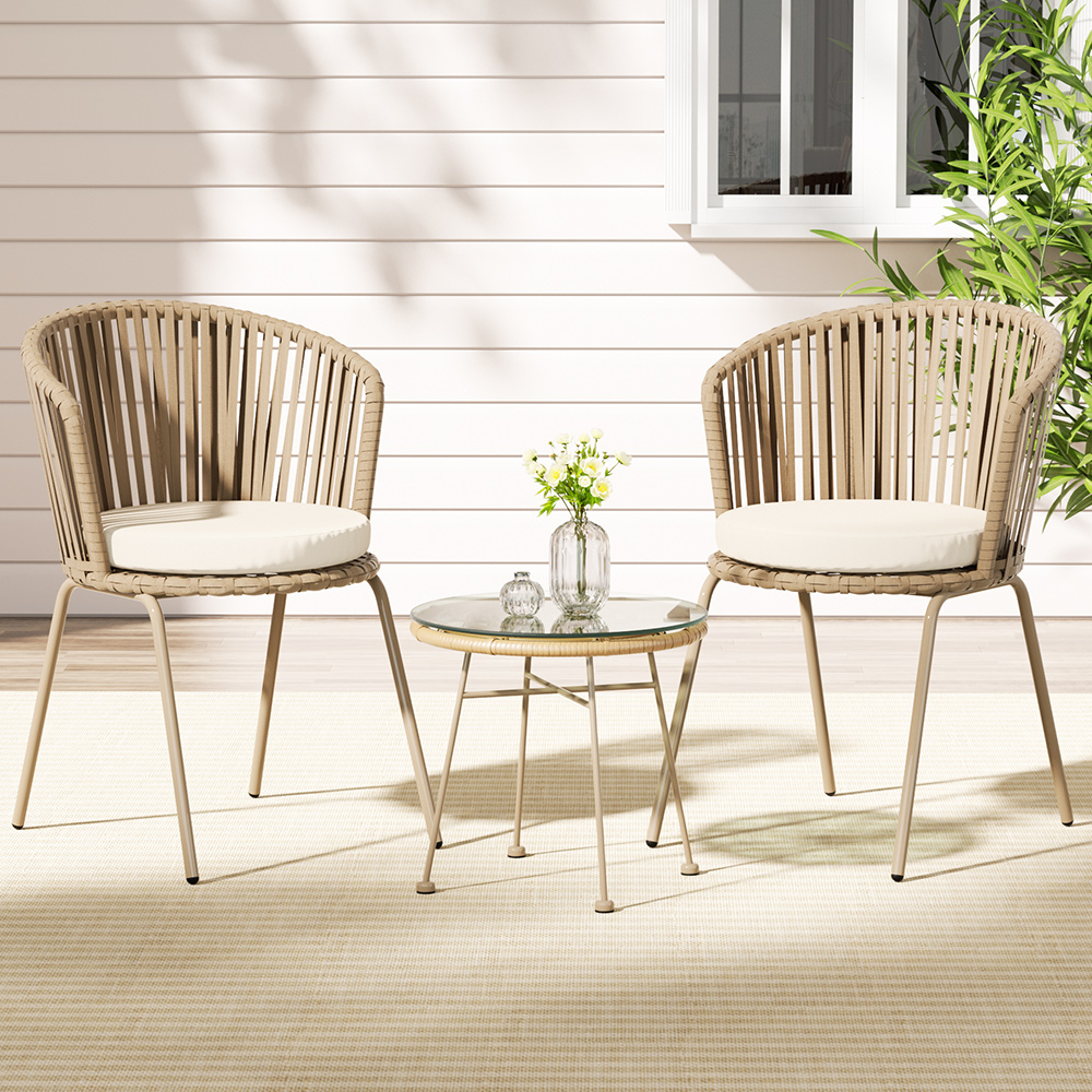ODF-BISTRO-ROPE-BE-91793-04 Gardeon 3PC Outdoor Bistro Set Patio Furniture Rope Setting Chairs Table Beige - Image 1