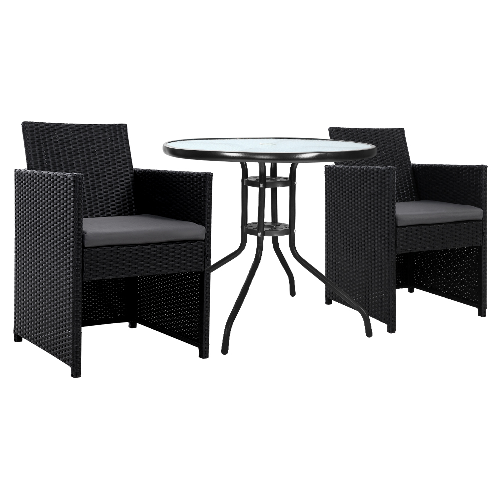 ODF-CHAIRSET-DINING-00 Gardeon 3PC Bistro Set Outdoor Furniture Rattan Table Chairs Cushion Patio Garden Hugo - Image 1