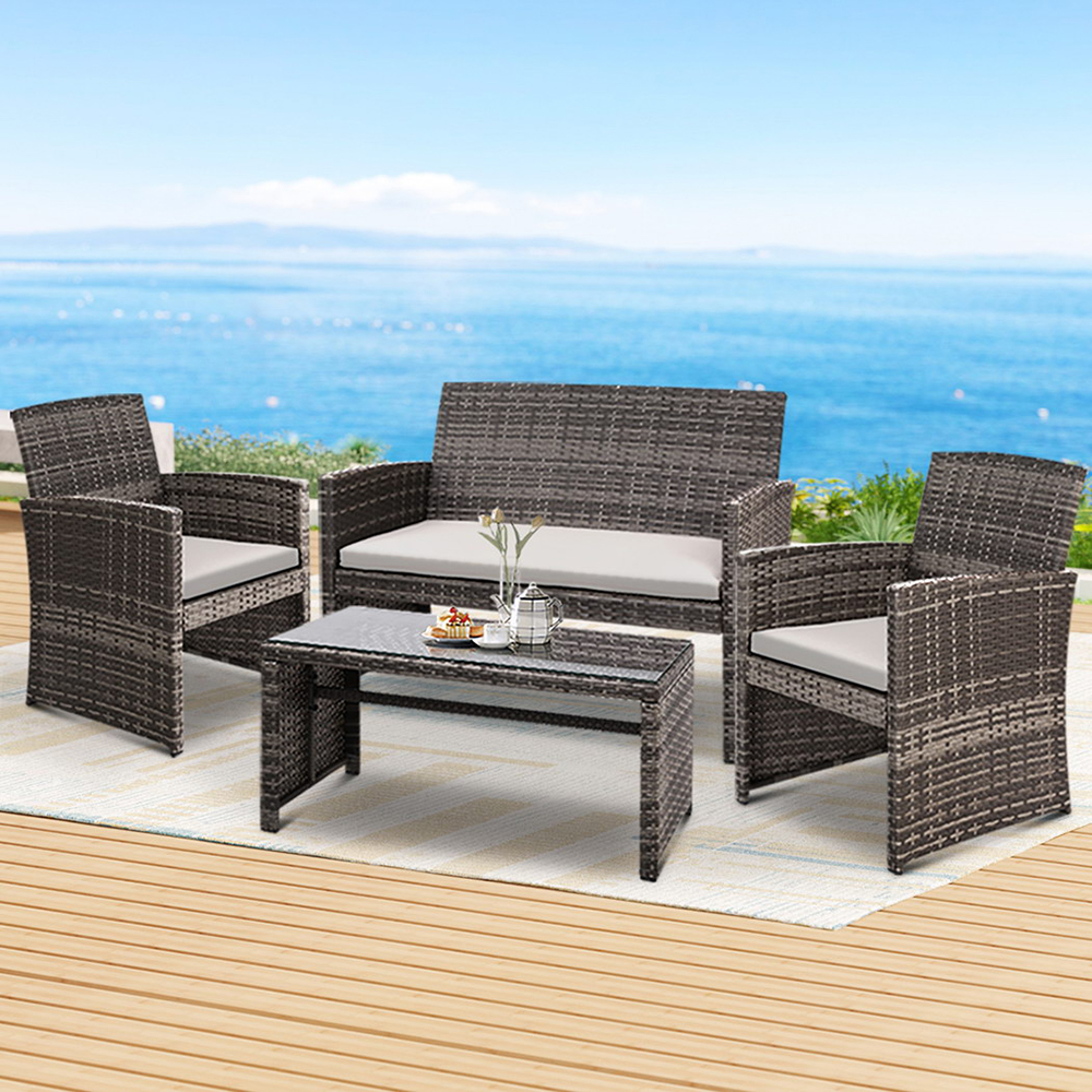 ODF-RATTAN-4PC-AB-GE-14757-06 Gardeon 4 PCS Outdoor Sofa Set Rattan Chair Table Setting Garden Furniture Grey - Image 1