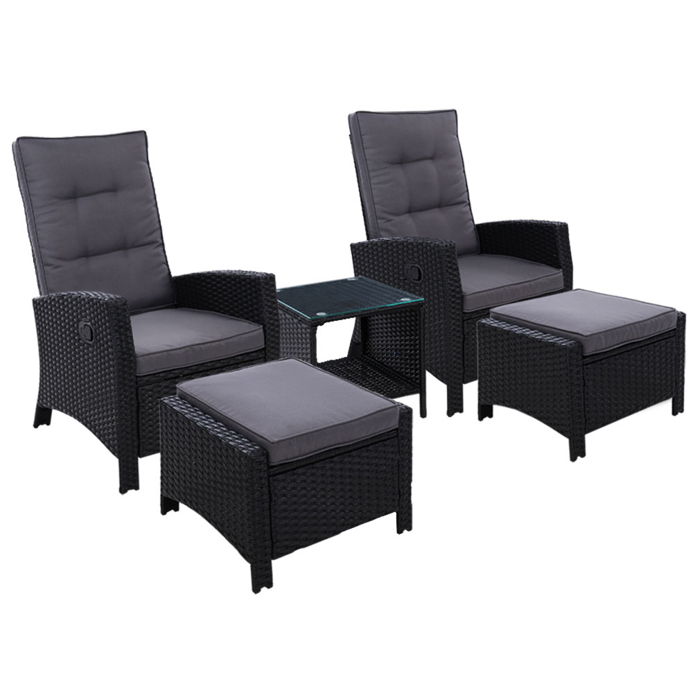ODF-RECLINER-CHOTTB-5BK-00 Gardeon 5PC Recliner Chairs Table Sun lounge Wicker Outdoor Furniture Adjustable Black - Image 1