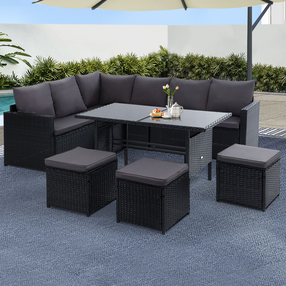ODF-SDBOSS-3OTM-BK-202502281622-00 Gardeon Outdoor Furniture Dining Setting Sofa Set Lounge Wicker 9 Seater Black - Image 1