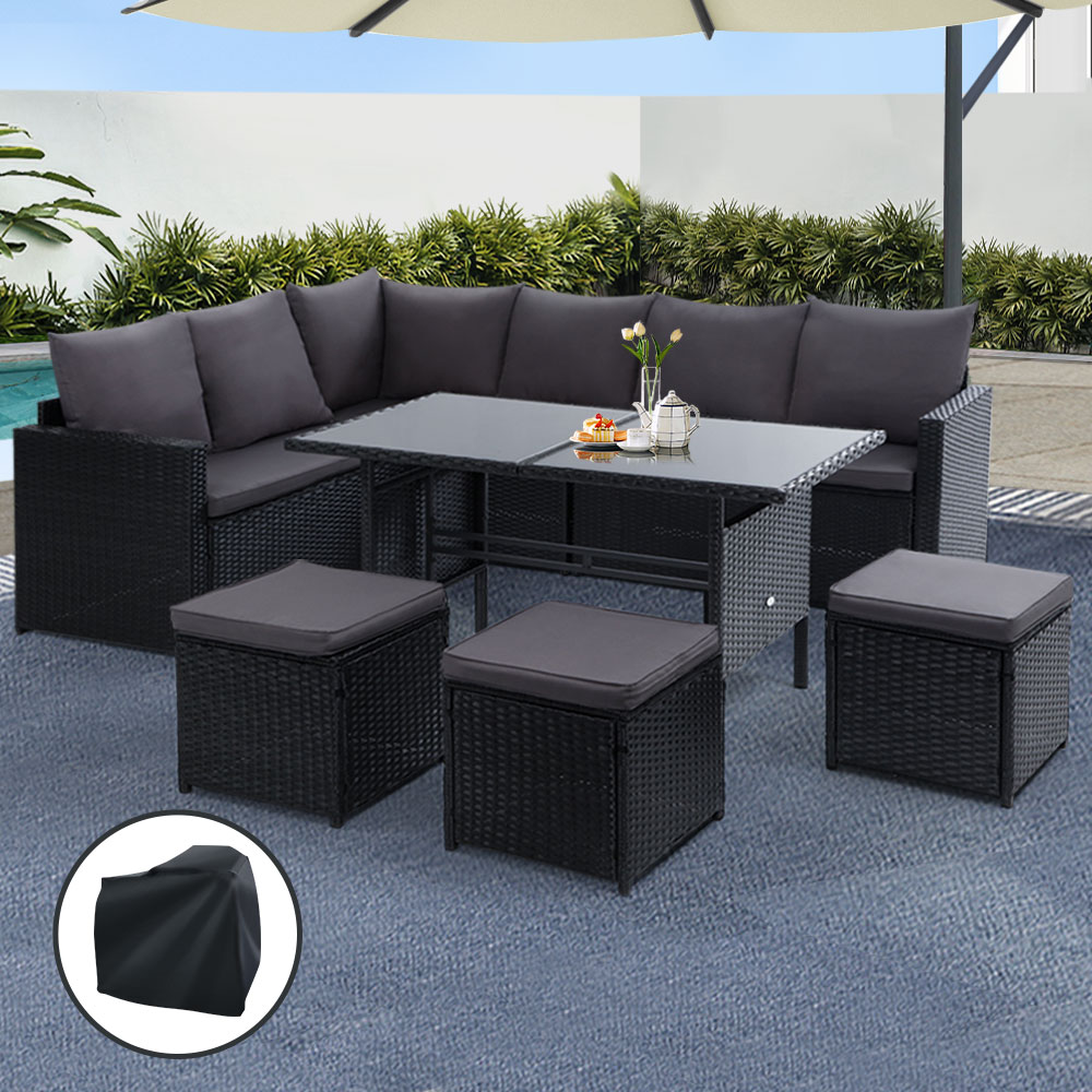 ODF-SDBOSS-3OTM-BK-COVER-202502281622-00 Gardeon Outdoor Dining Set Sofa Lounge Setting Chairs Table Ottoman Black Cover - Image 1