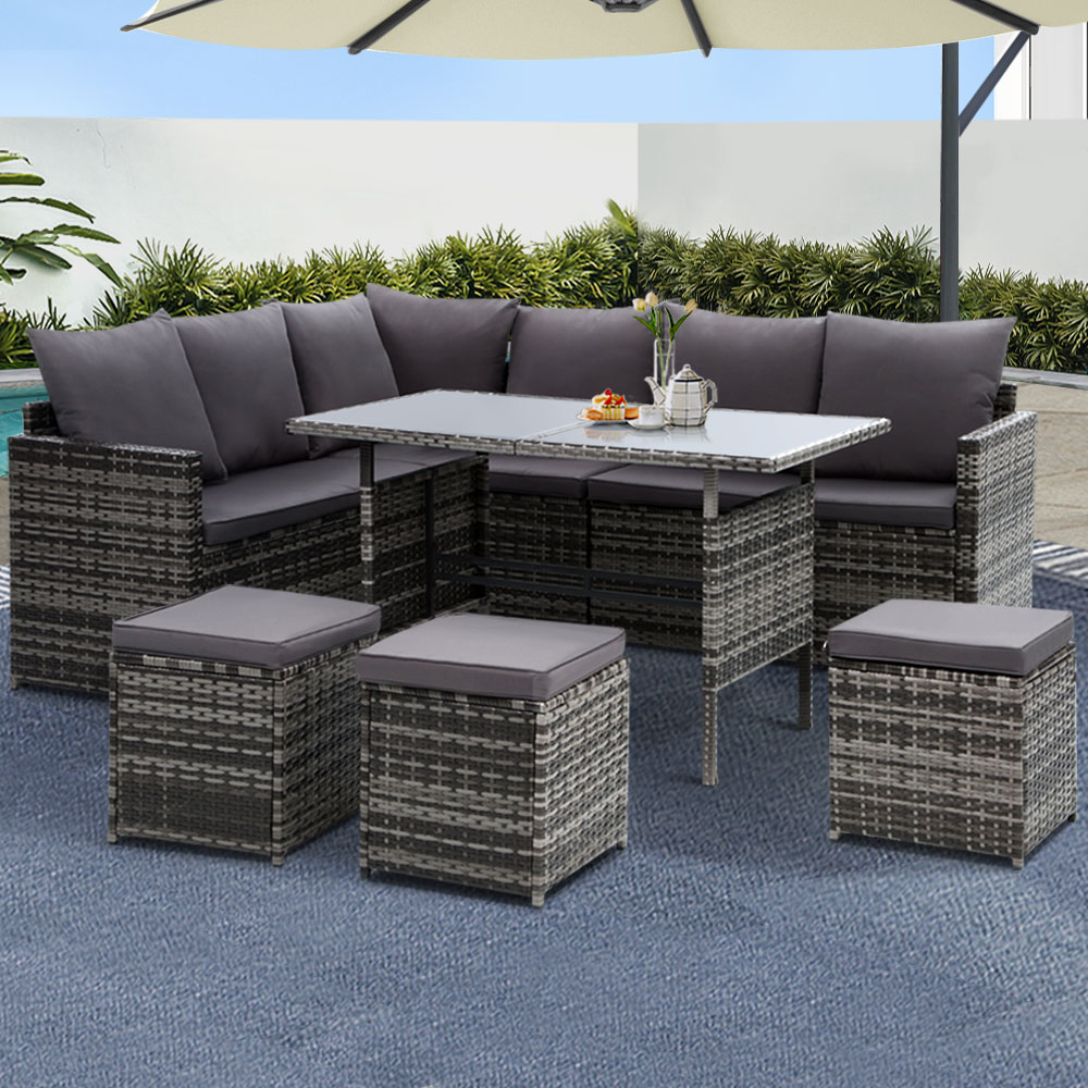 ODF-SDBOSS-3OTM-GE-202502281622-00 Gardeon Outdoor Furniture Dining Setting Sofa Set Lounge Wicker 9 Seater Mixed Grey - Image 1