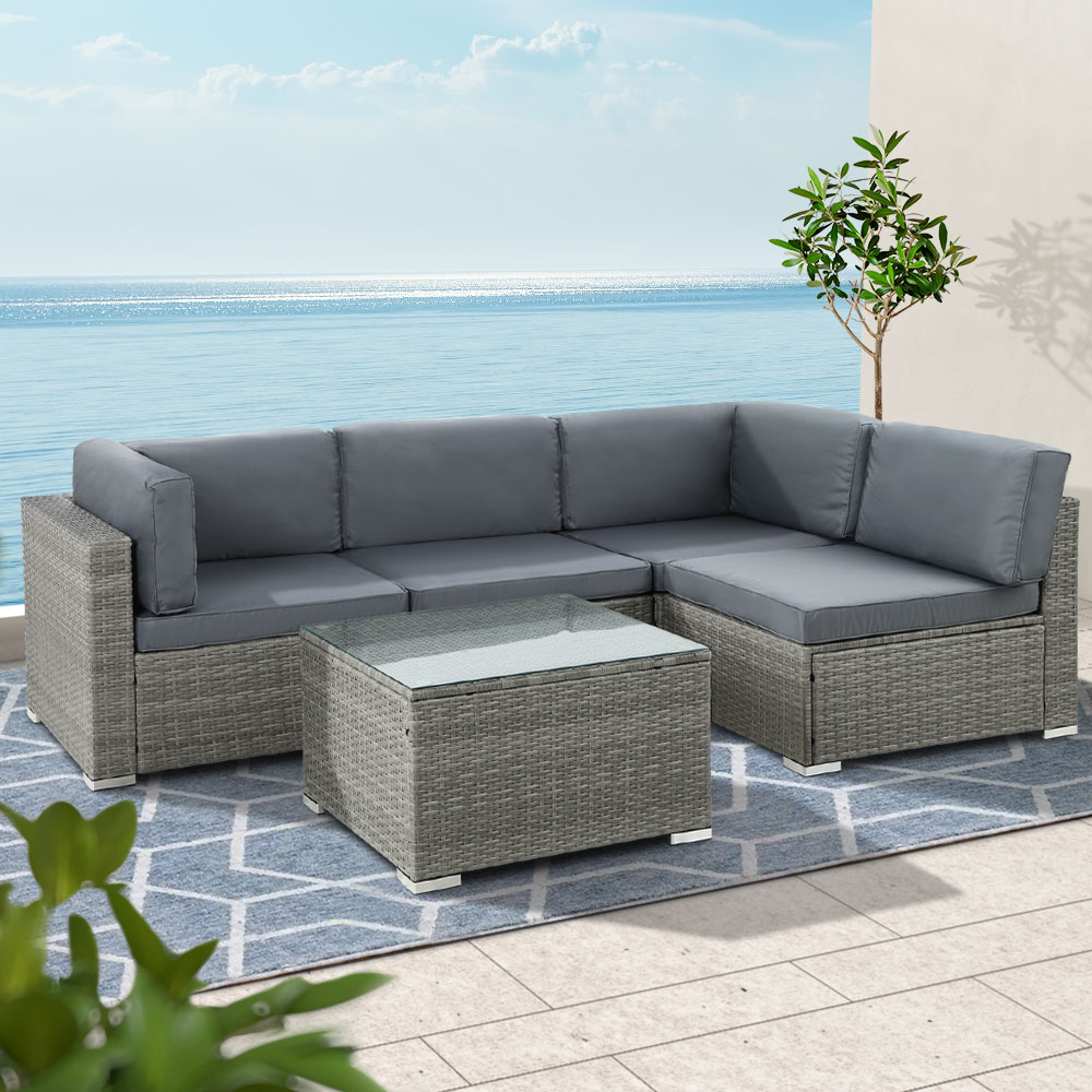 ODF-SOFA-5PCS-HJ-GE-AB-202502281540-00 Gardeon 5-Piece Outdoor Sofa Set Wicker Couch Lounge Setting 4 Seater Grey - Image 1