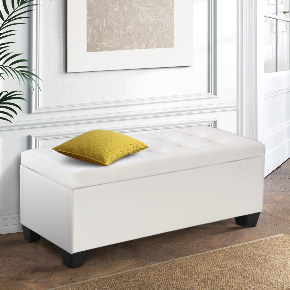 OTM-L2-WH-7596-07 Artiss Storage Ottoman Blanket Box 97cm Leather White - Image 1