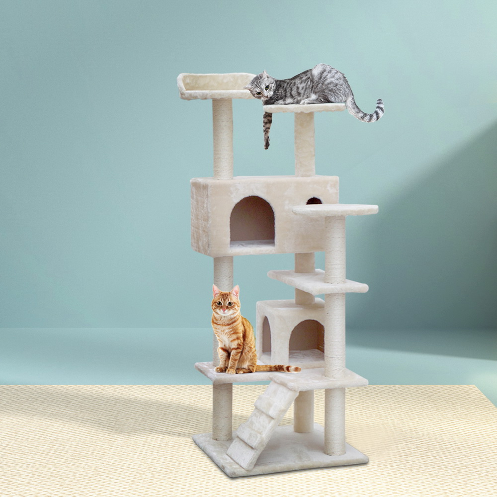 PET-CAT-801F-BE-5074-07 i.Pet Cat Tree 134cm Tower Scratching Post Scratcher Wood Condo House Bed Beige - Image 1