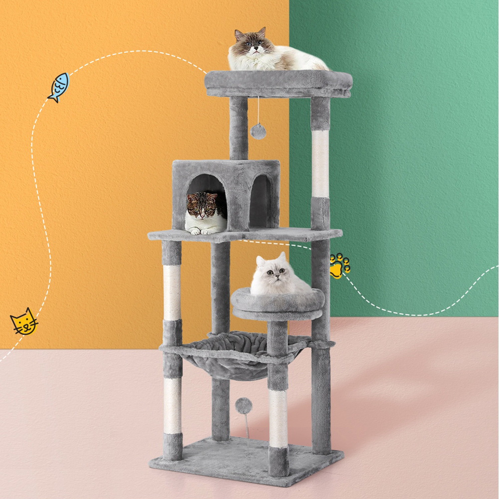 PET-CAT-M143-GR-139411-06 i.Pet Cat Tree Tower Scratching Post Scratcher 143cm Condo House Trees Grey - Image 1