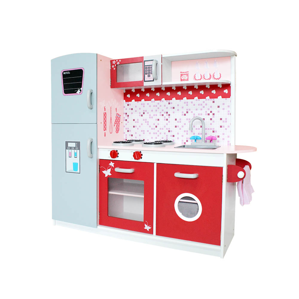 PLAY-WOOD-FRIDGE-PINK-4124-00 Keezi Kids Kitchen Play Set Wooden Pretend Toys Cooking Children Fridge Oven Red - Image 1