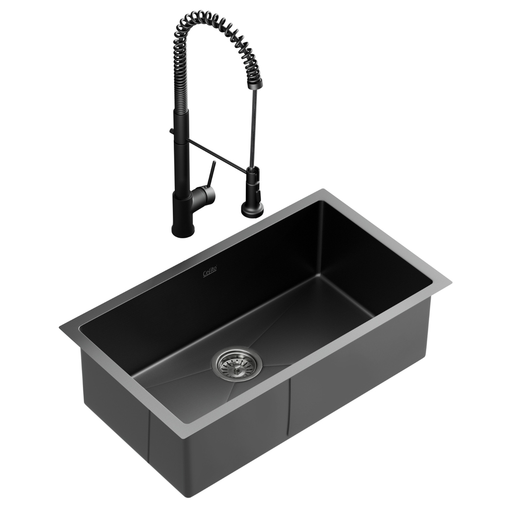 SINK-BLACK-7045-07-217076-00 Cefito Stainless Steel Sink 70x45CM With Pull Out Mixer Tap Kitchen Basin Single Bowl Black - Image 1