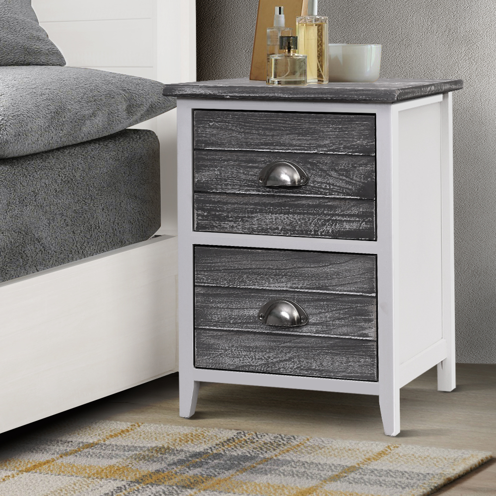 ST-CAB-2D-VIN-GYX2-18096-07 Artiss Bedside Table 2 Drawers Vintage X2 - THYME Grey - Image 1