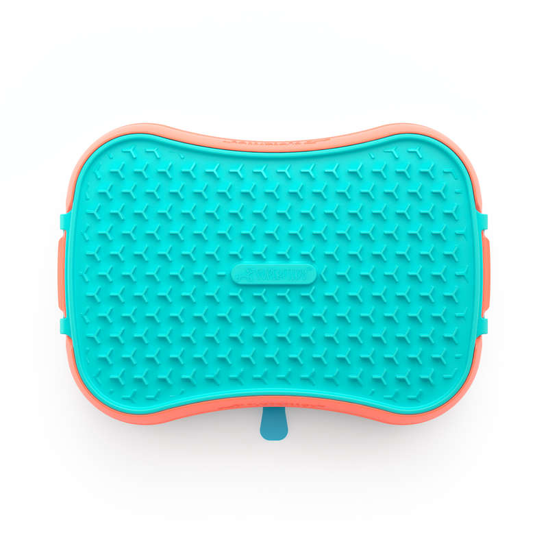 V1023-SF-4IN1-OR-202505081121-01 4-in-1 Slow Feeder Dog Bowl - Warm Ocean Red Bowl with Teal Lickmat - Image 1