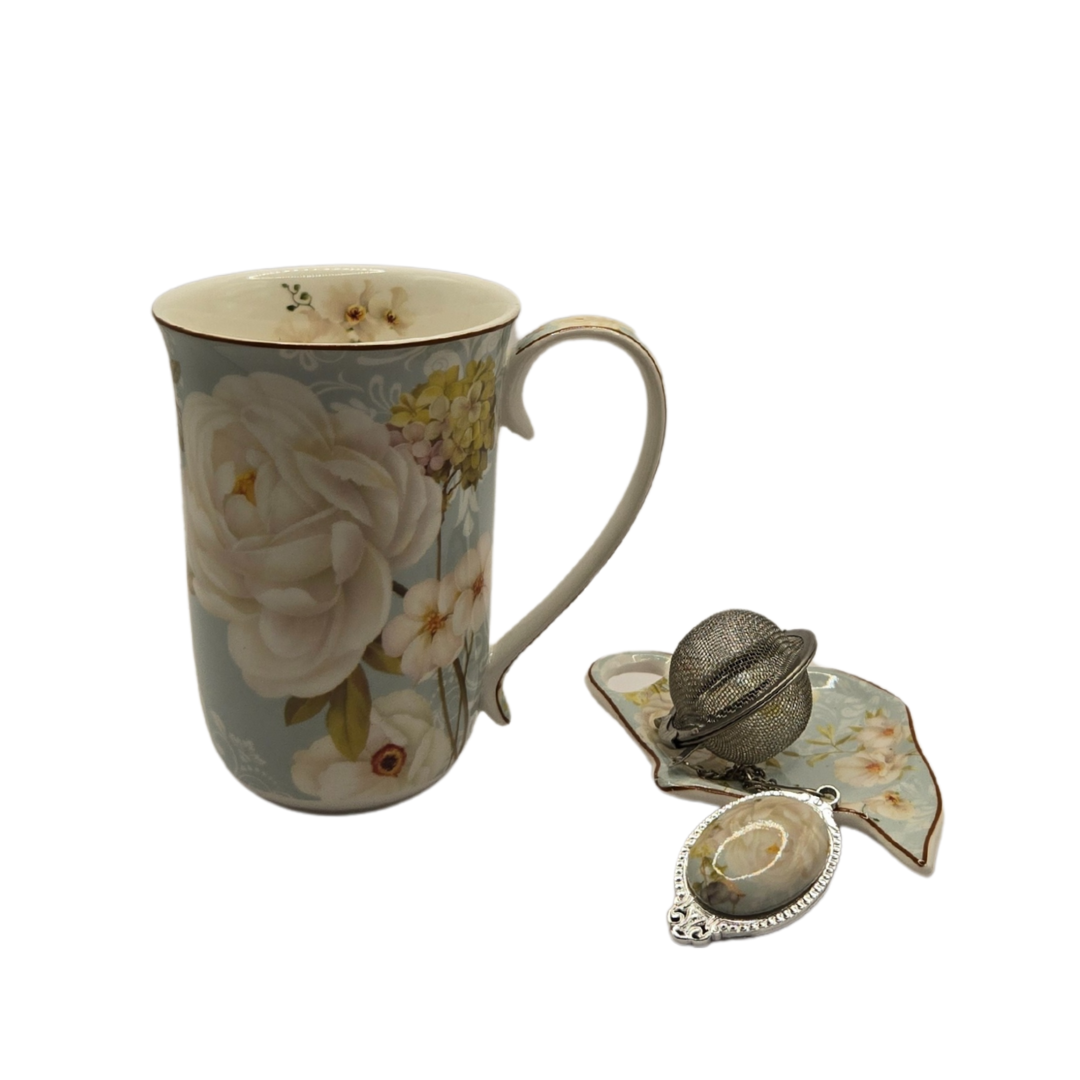 V1026-KLCCW974-CW981-202506231536-00 White Rose Fine Bone China Mug with Strainer - 405ml Floral Tea Cup - Image 1