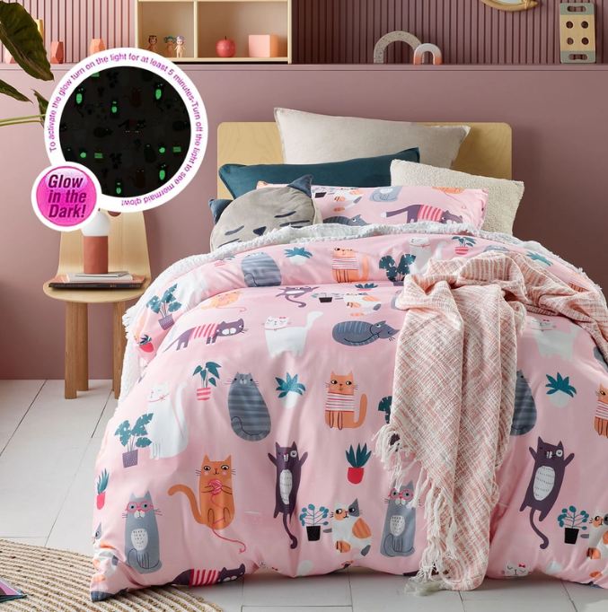 V107-5094130-200723-00 Miaow Glow In The Dark Quilt Cover Sets by Happy Kids Single - Image 1