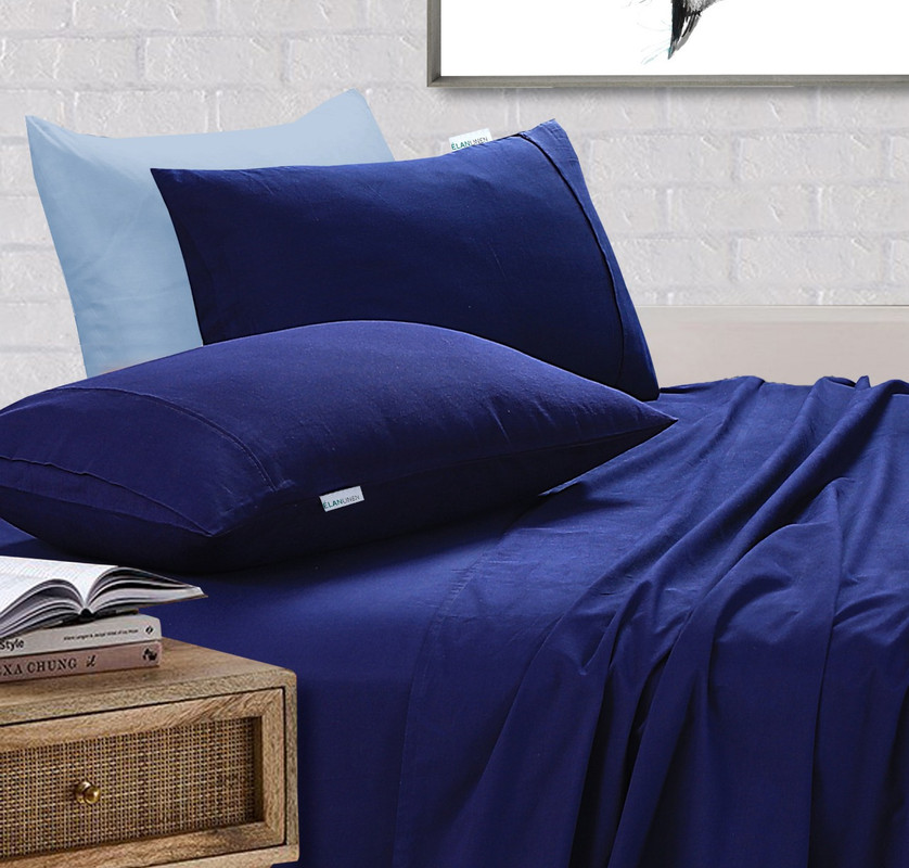 V107-KSNBLSS-61419-00 Elan Linen 100% Egyptian Cotton Vintage Washed 500TC Navy Blue King Single Bed Sheets Set - Image 1