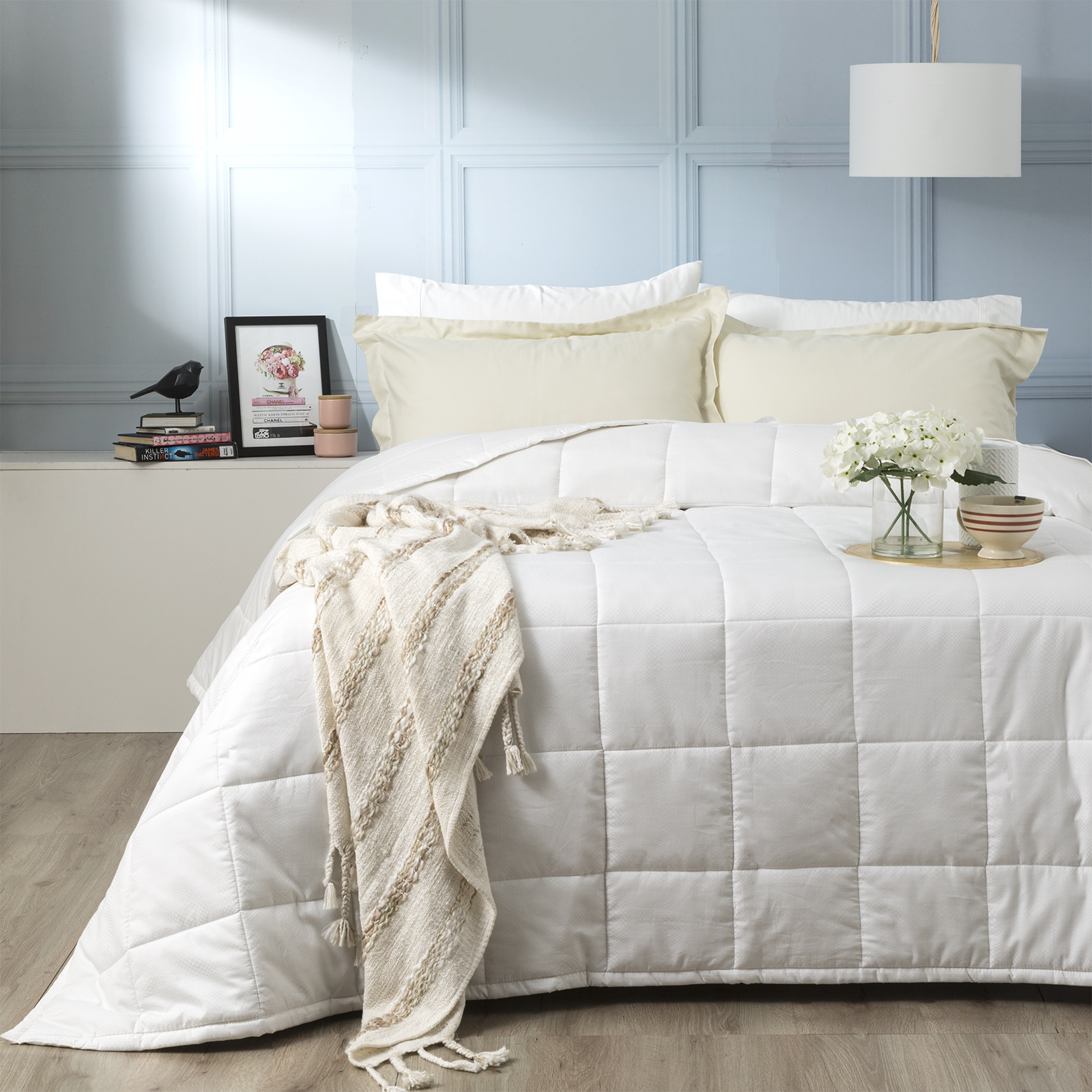 V107-SH319915-195318-00 Checks 500 TC Cotton Jacquard White Comforter Set by Ddecor Home King - Image 1