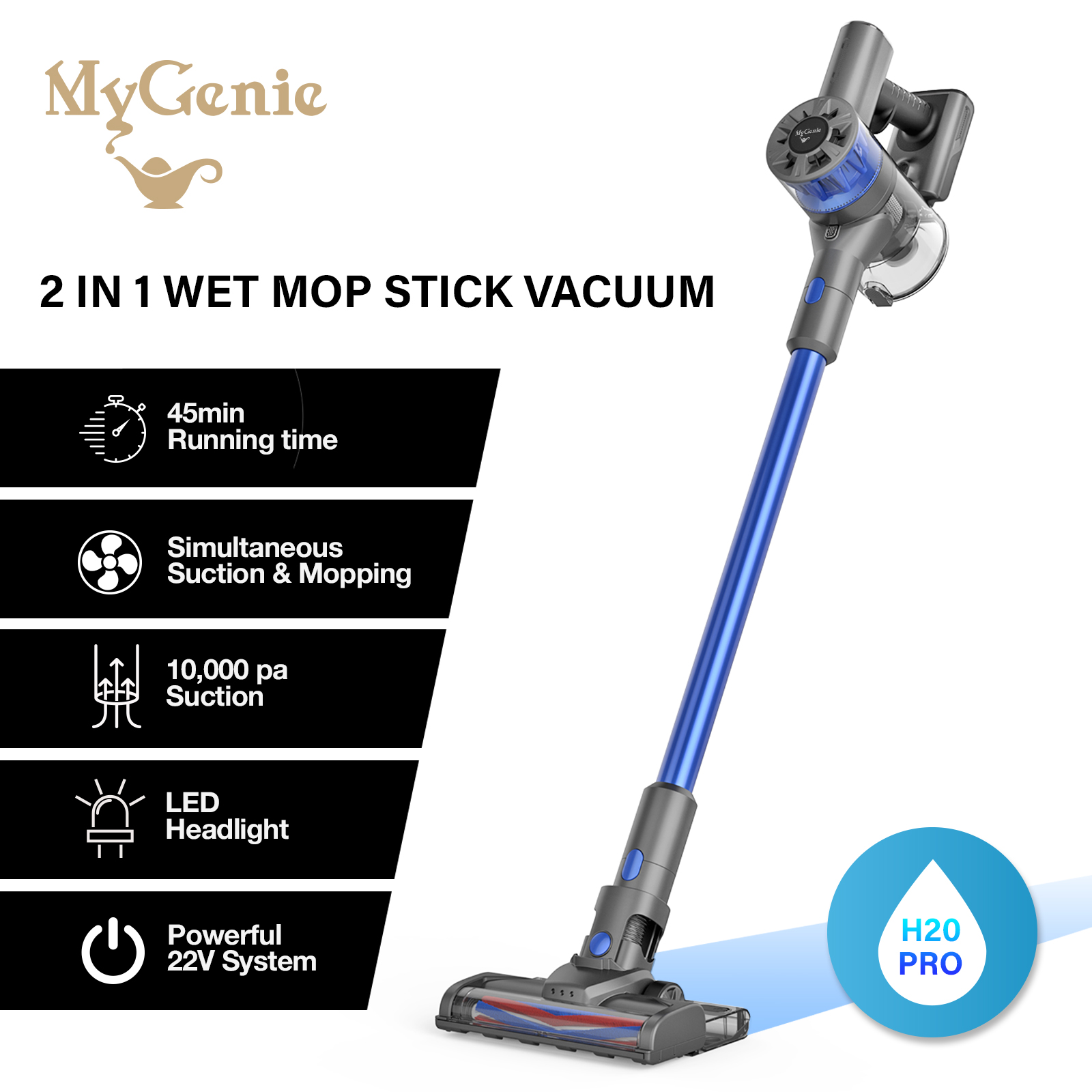 V160-10003142_10003142_1_1 MyGenie H20 PRO Wet Mop 2-IN-1 Cordless Stick Vacuum Cleaner Handheld Recharge - Blue - Image 1