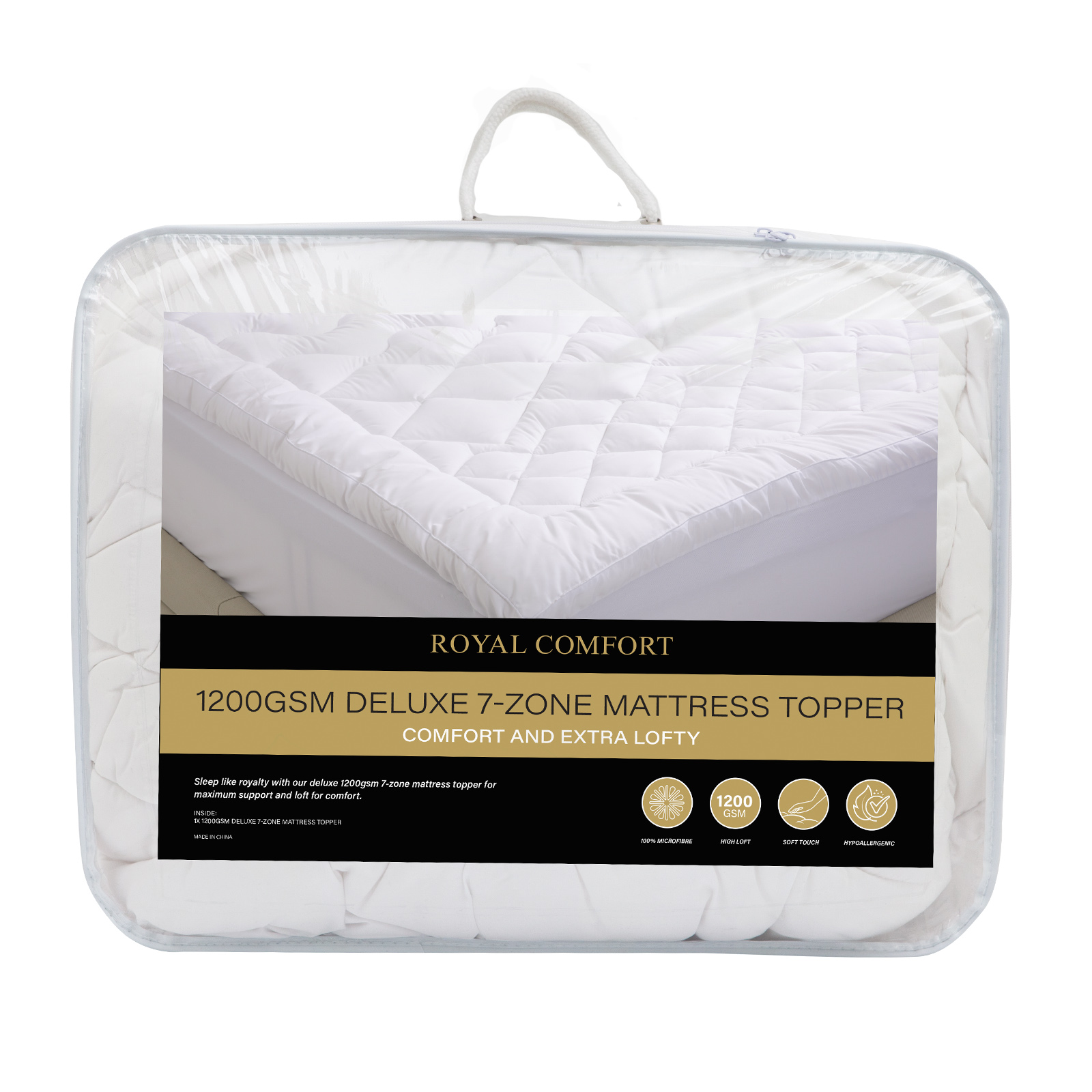 V160-10003784-10003782_6-00 Royal Comfort 1200GSM Deluxe 7-Zone Mattress Topper Luxury Gusset Breathable - Queen - White - Image 1