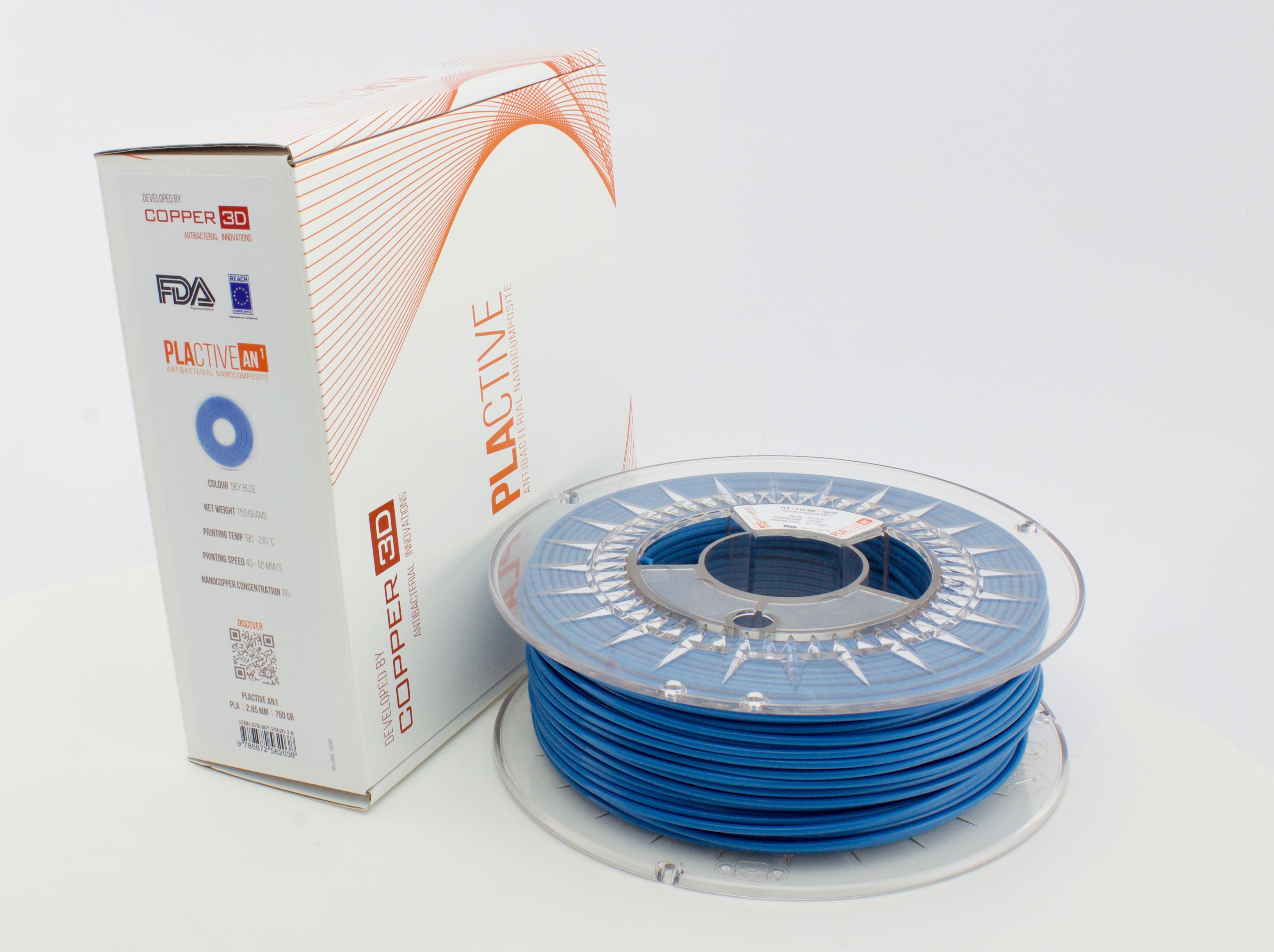 V177-285PLACT-BLUE-0050_BLUE_285__17639_1 PLA Filament Copper 3D PLActive - Innovative Antibacterial 2.85mm 50gram Sky Blue Color 3D Printer Filament - Image 1