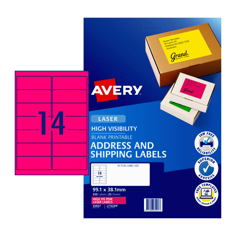 V177-D-AV35957-uc__49620-00 AVERY LaserLb Pink L7163FP 14Up Pack of 25 - Image 1