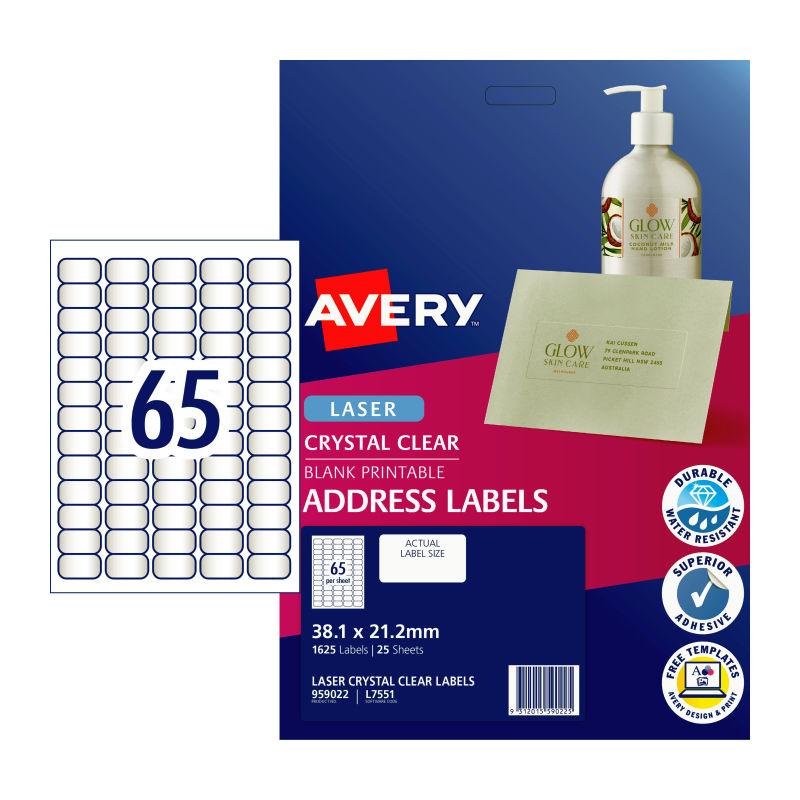 V177-D-AV959022-uc__86340-00 AVERY Laser Label Clear L7551 65Up Pack of 25 - Image 1