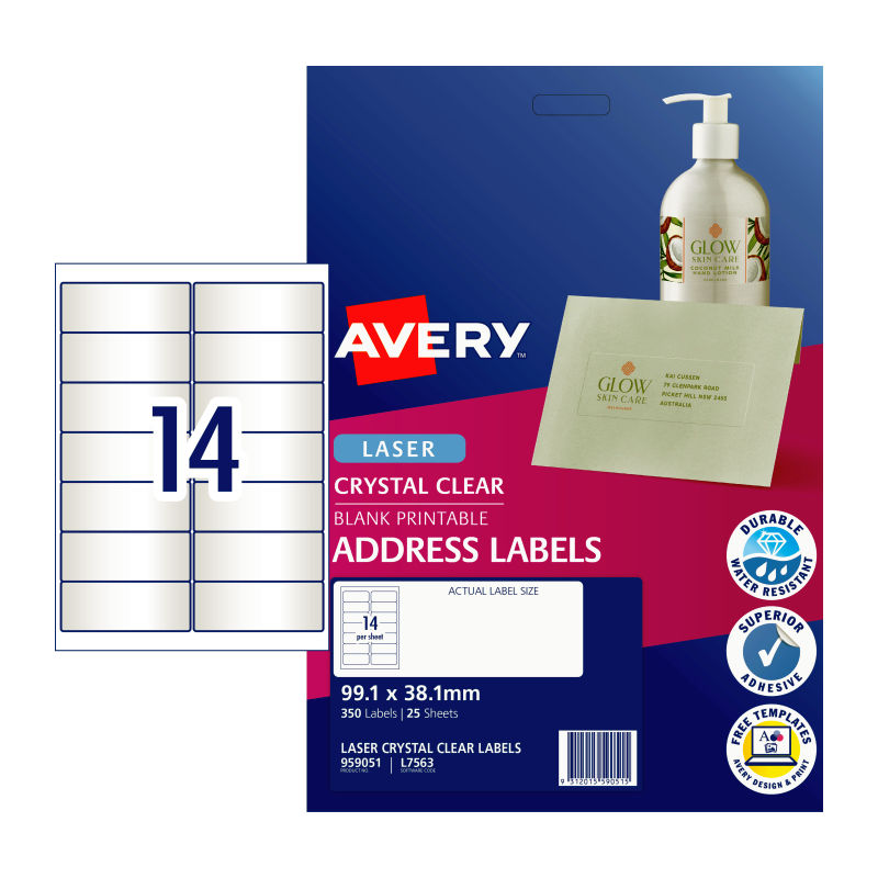 V177-D-AV959051-uc_id_1mrsZ896CI3bRzm7MkygA1PJv_SJHZWan__09152-00 AVERY Laser Label Clear L7563 14Up Pack of 25 - Image 1