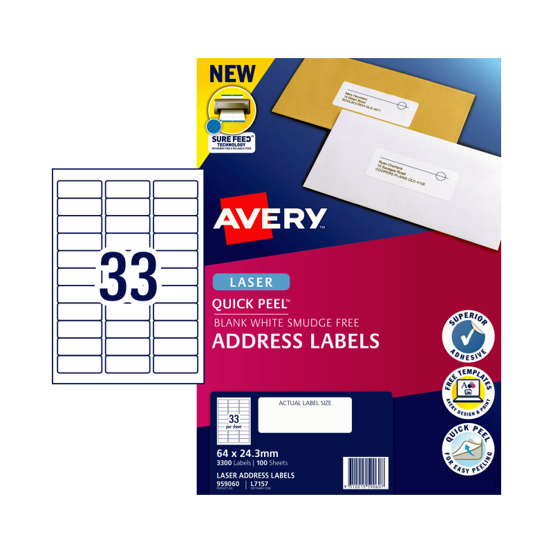 V177-D-AV959060-57906-00 AVERY Laser Label QP L7157 33Up Pack of 100 - Image 1
