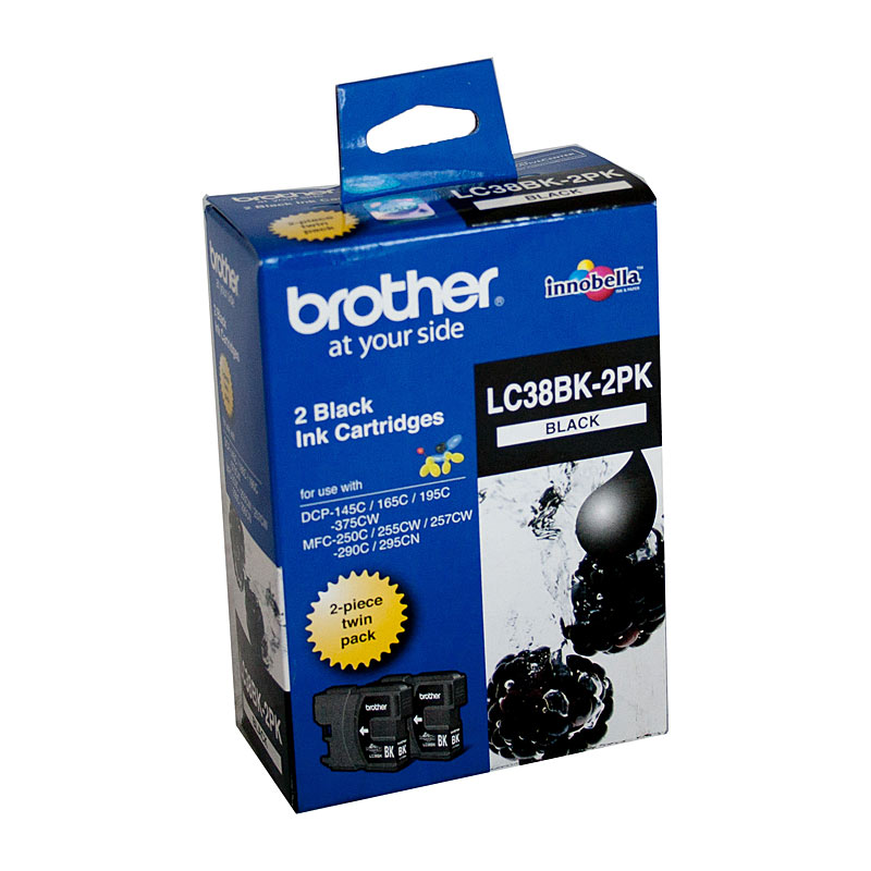 V177-D-B38BT_uc__36320_1 Brother LC-38BK Black Ink Cartridge Twin Pack - DCP-145C/165C/195C/375CW, MFC-250C/255CW/257CW/290C/295CN- up to 300 pages - Image 1