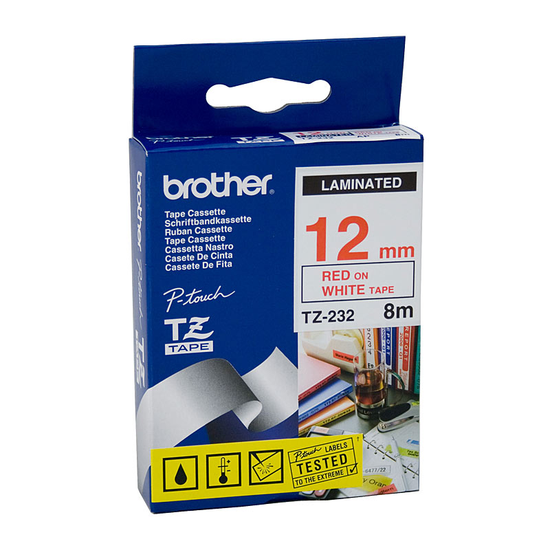 V177-D-BTZ232_uc__35586_1 BROTHER TZe232 Labelling Tape 12mm Red on White TZE Tape - Image 1