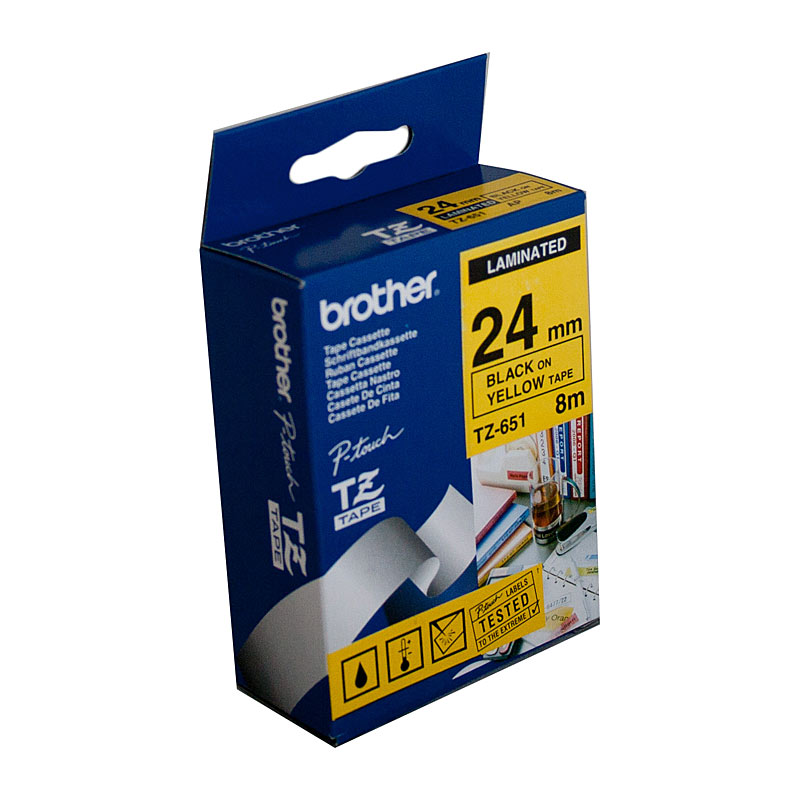 V177-D-BTZ651_uc__63031_1 BROTHER TZe651 Labelling Tape 24mm Black on Yellow TZE Tape - Image 1