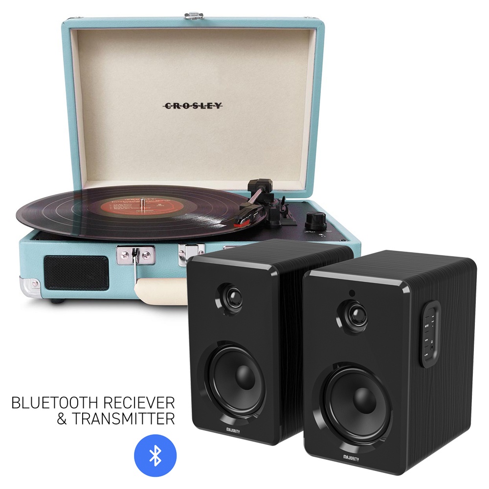 V177-IW-CR8005FMY-TU4-crosley-cruiser-turquoise-db40__48550-00 CROSLEY Crosley Cruiser Bluetooth Portable Turntable - Turquoise + Bundled Majority D40 Bluetooth Speakers - Black - Image 1